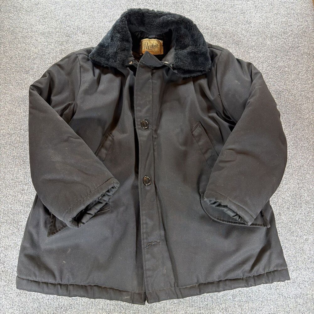 Vintage 50s 60s Parka Quilted Insulated Jacket Black Faux Fur Collar Emar Mens L